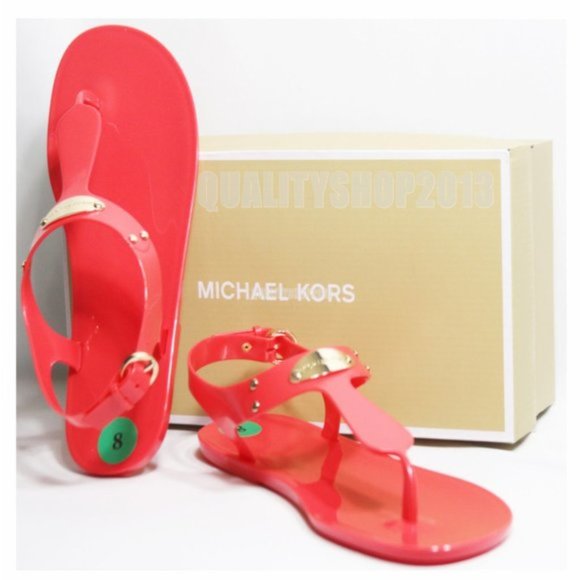 NEW MICHAEL KORS JELLY Plate Thong Sandal MK logo Coral Reef - Picture 2 of 9
